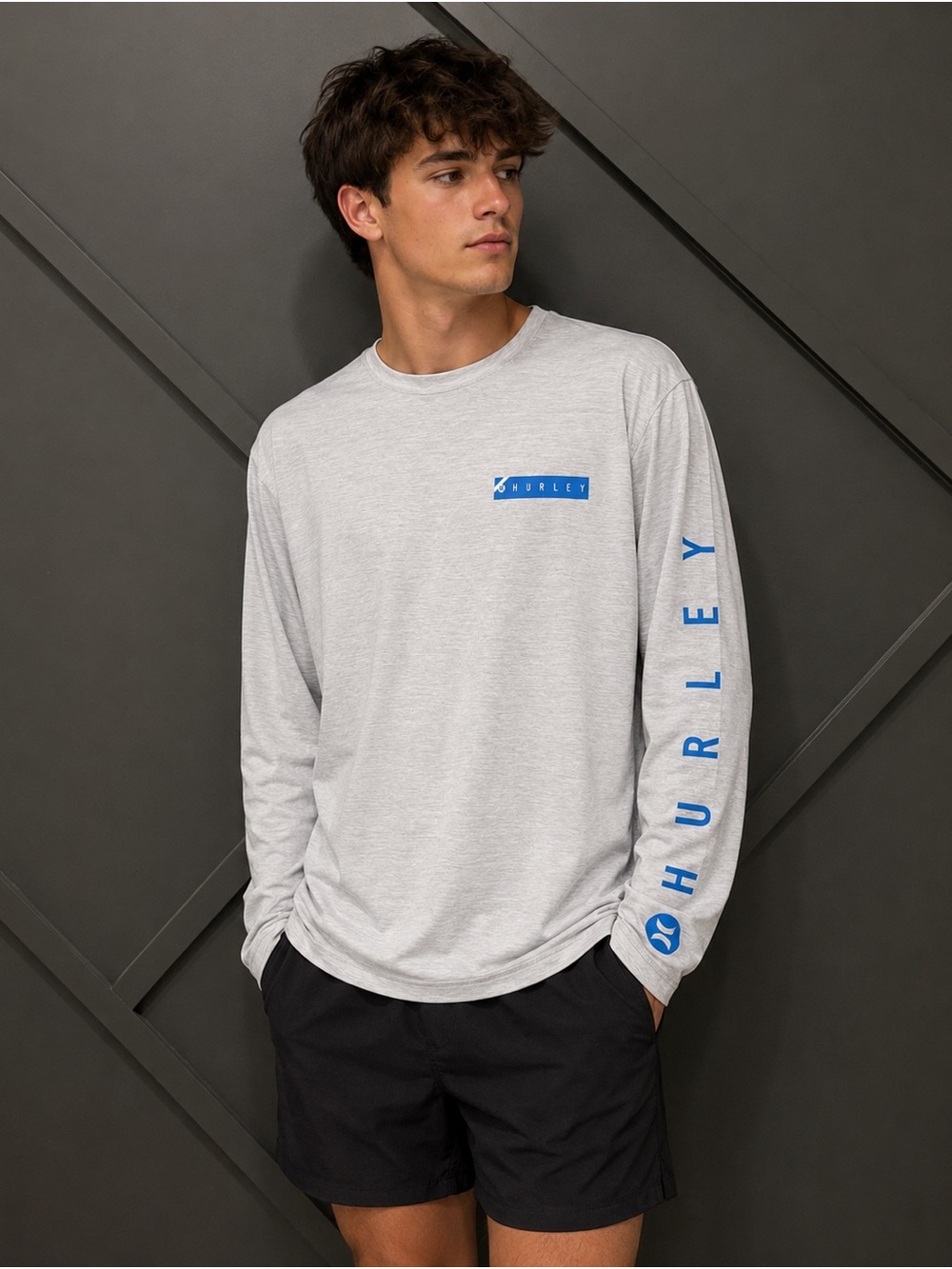 Hurley Light Gray Performance Long Sleeve Tee with Blue Logo